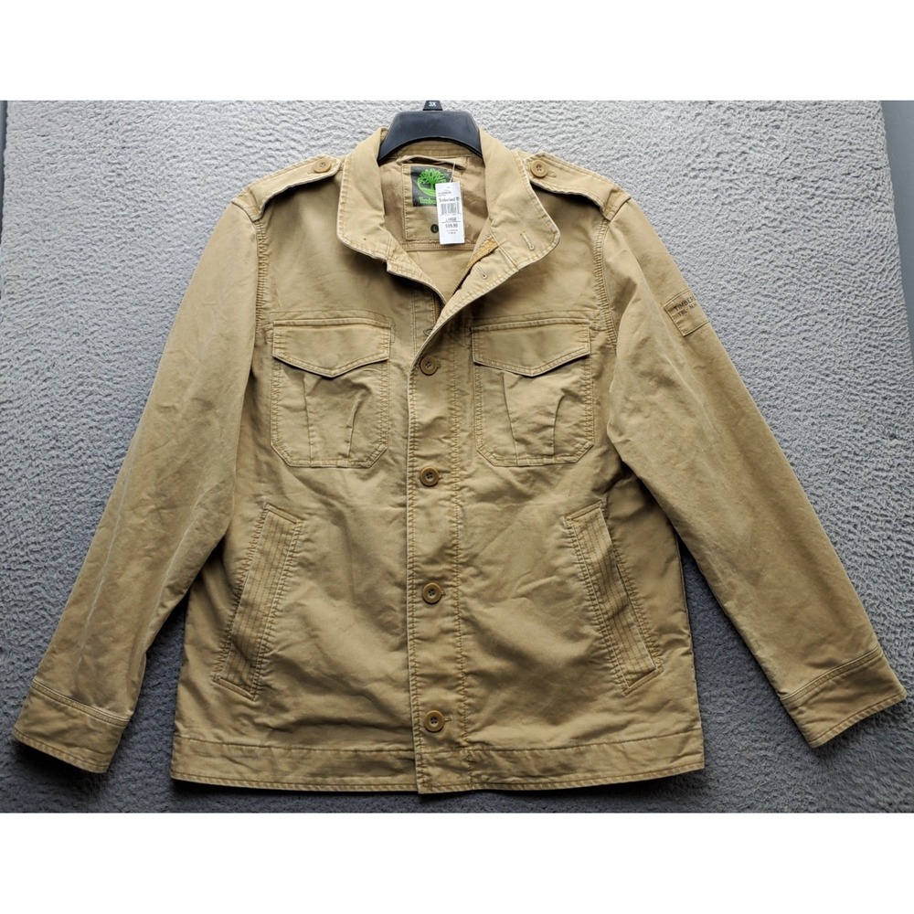 Vintage Timberland Utility Safari Jacket Men L Brown Canvas Button Up Inside Zip